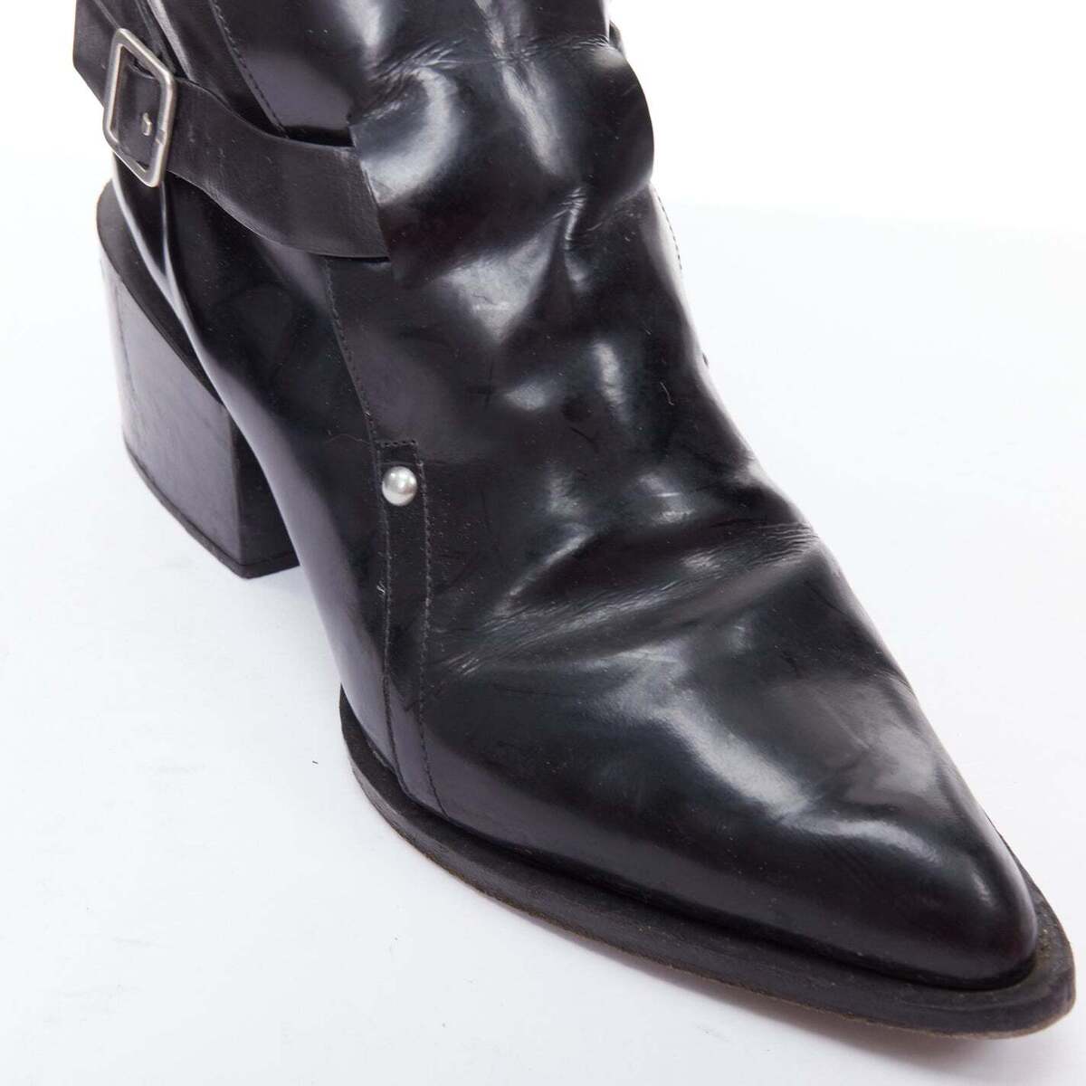JIL SANDER black leather silver buckle block heel ankle JIL SANDER black leather silver buckle block heel ankle