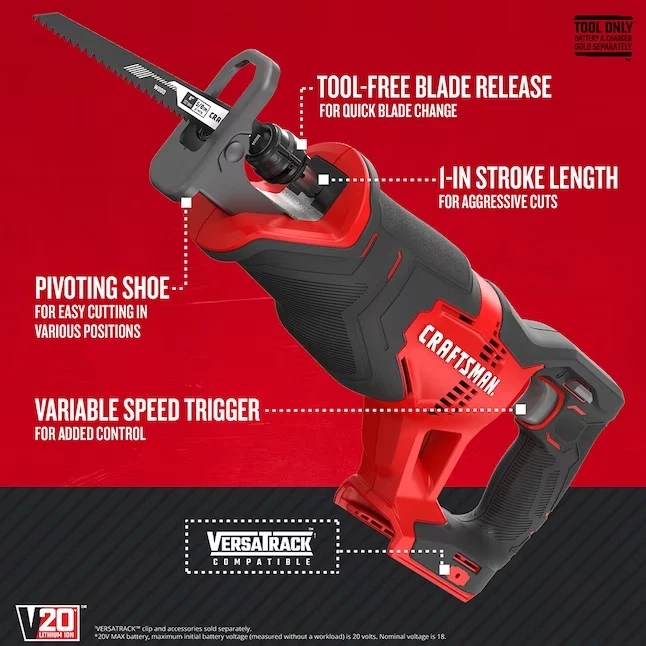 CRAFTSMAN V20 20-volt Max Variable Speed Cordless Reciprocating Saw (Bare Tool) - Image 2 of 4