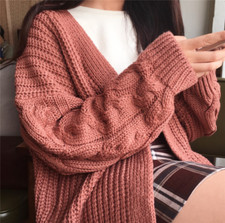 Lady Cable Knit Cardigan Coat Open Front Sweater Chunky Long Sleeve Jacket Warm