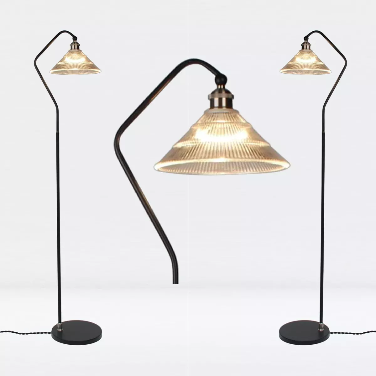 Set of 2 Industrial Modern Floor Lamps Standing Lights Black with Fluted Glass