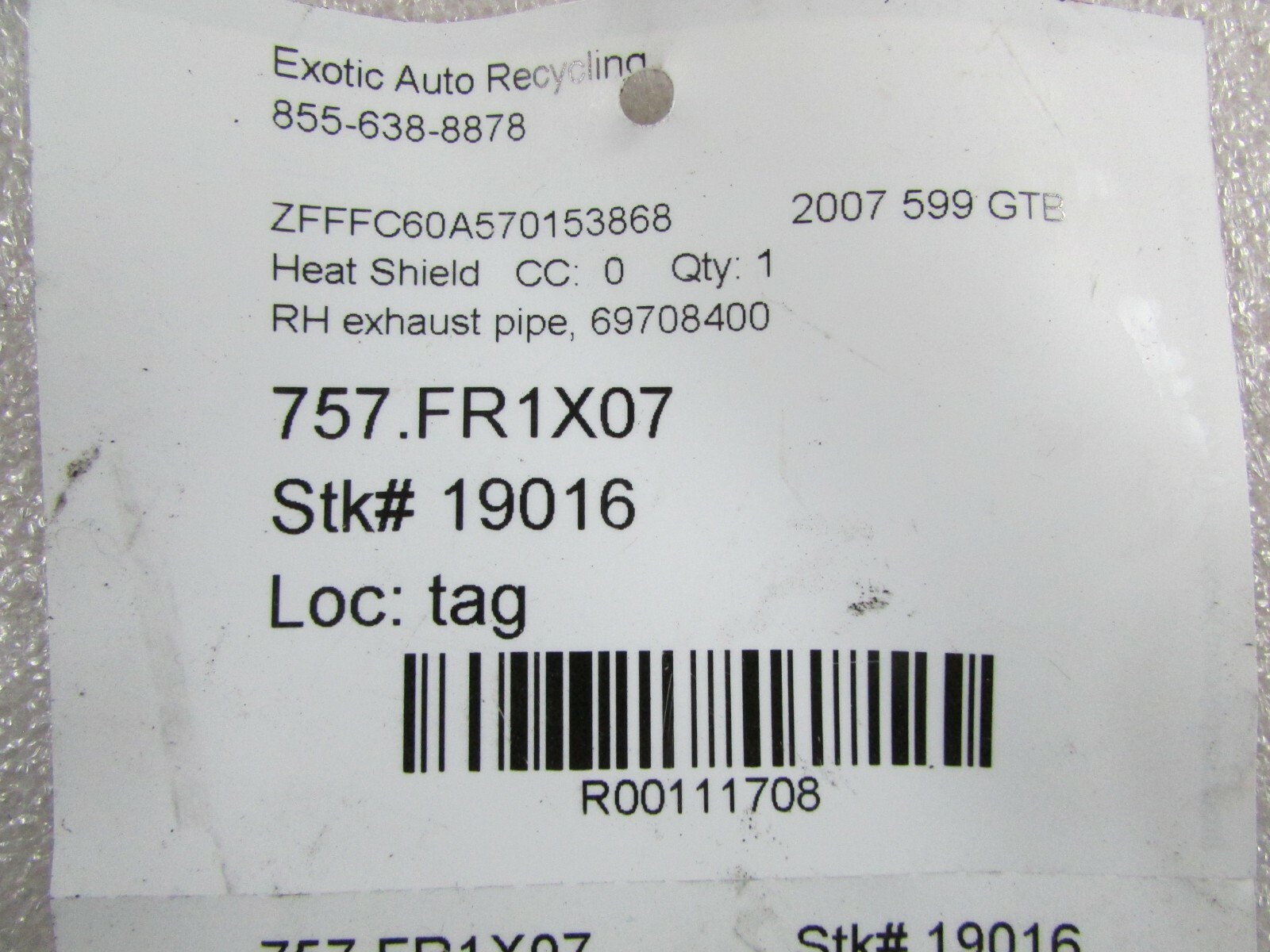 Ferrari 599 GTB, RH, Right Exhaust Pipe Heat Shield, Used, P/N 69708400