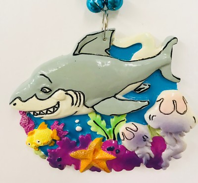 Mardi Gras Bead Necklace Large Emblem Cartoon Shark Louisiana 18 Inches Sea Blue