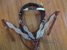 Showman Leather Headstall  Breast Collar Set w/ Genuine Hair-On Cowhide  Reins