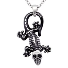 Lizard pendant necklace skeleton black gecko with skull necklace