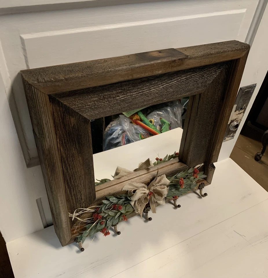Entryway Barn Wood Mirror with hooks, Bow & Floral Arrangement.  17” X 16”. - Image 3 of 4