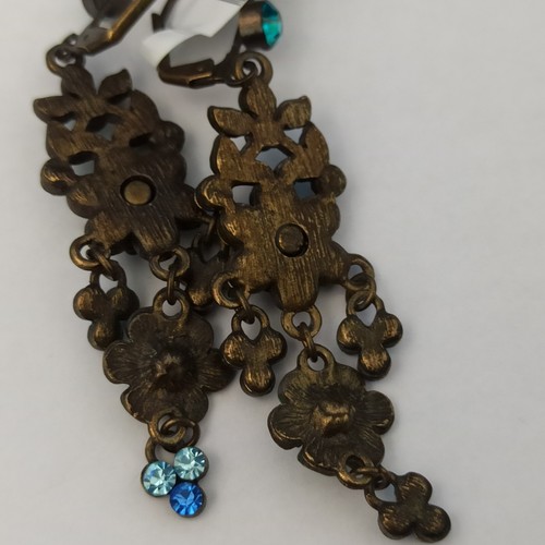 Michal Negrin Earrings Green Enamel Blue Crystals Long Chandelier Statement Gift - Picture 12 of 14