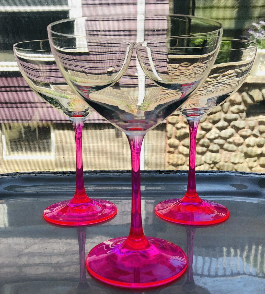 Boho Neon Pink Cocktail Glass Barware Hand Blown Barbie Glow In