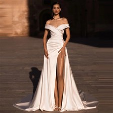 Simple Off Shoulder Satin V Neck A-Line Wedding Dress High Slit Zip Court Train