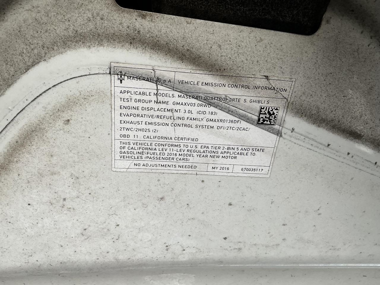 MASERATI GHIBLI    2016 Driver Roof Air Bag Sedan 3.0L 829312