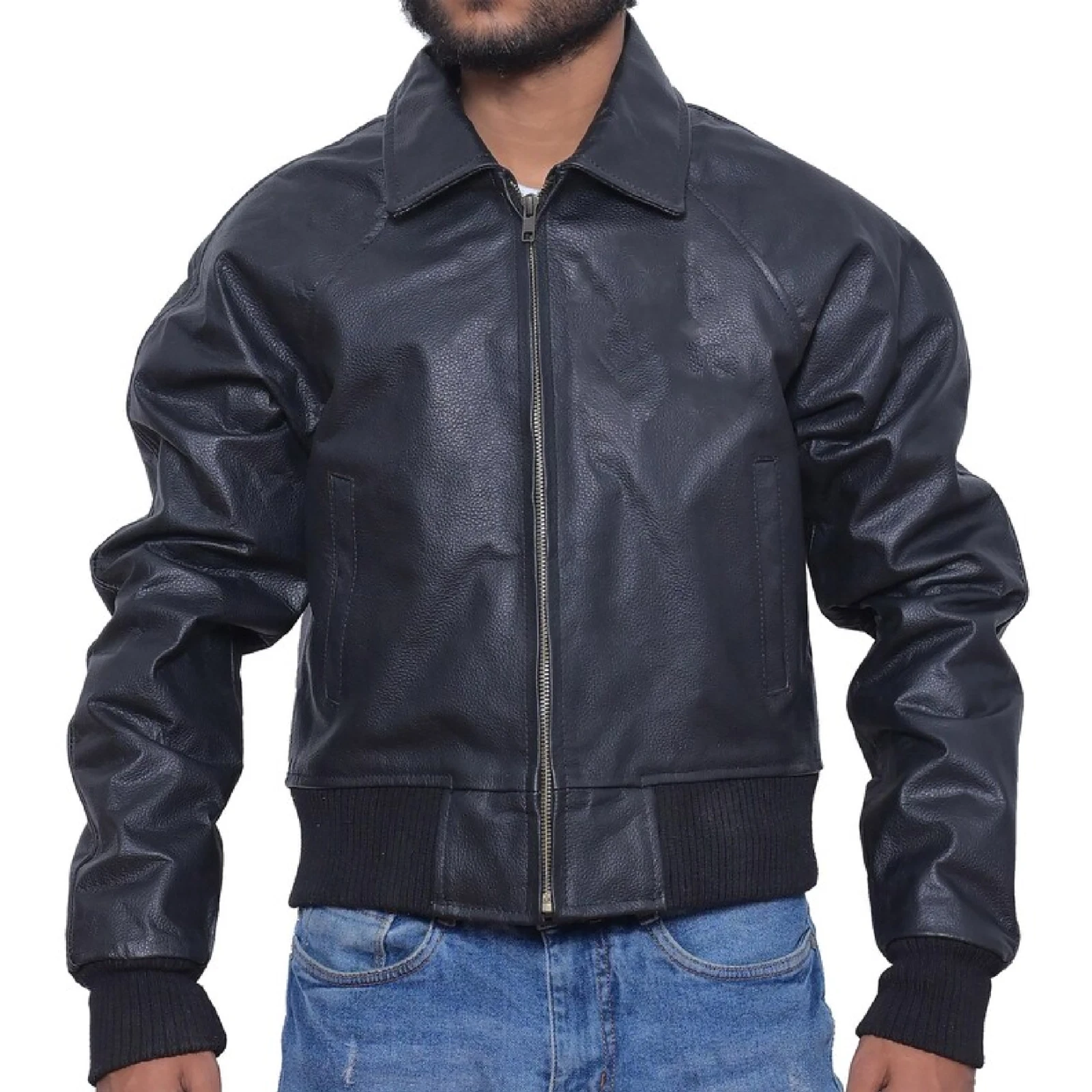 Genuine Leather Bomber Jacket for Men | Zip-Up Flight Coat | Handmade Black Wint