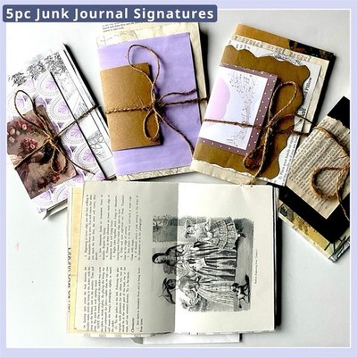 5pc Junk Journal Handmade Paper Signatures Scrapbook Vintage Book Page Cardstock