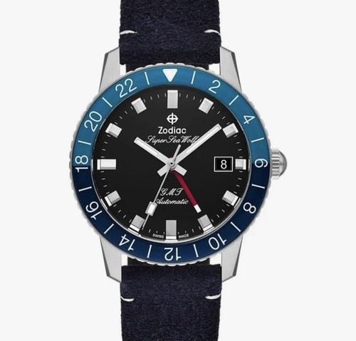 NEW Zodiac Super Sea Wolf Automatic GMT Silver Black Blue Watc...