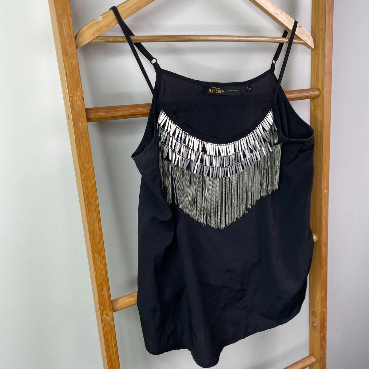Vero Moda Marquee Tank Top Womens Small Black Fringe Camisole Sleeveless Casual