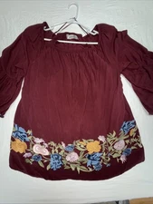 Solitaire Ravi Khosla Sz 1X Maroon Floral Embroidered Smock Boho Blouse Top
