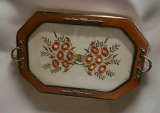 Wood Serving Tray With Embroidered Flowers And Glass Top Vintage