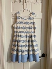 Knit Works Floral Pleated A-Line Dress Cream Blue Size 18.5 Plus Fits Women's 10