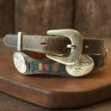 Western Concho Belt Women Leather Metal Medallions Woven Fabric Distressed Sz 30
