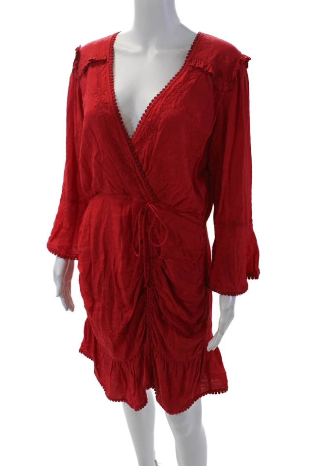 Tularosa женщин пятнистый вышитый собранными в Рюш v-образным вырезом длинным рукавом платье красный размер L - Изображение 2 из 4