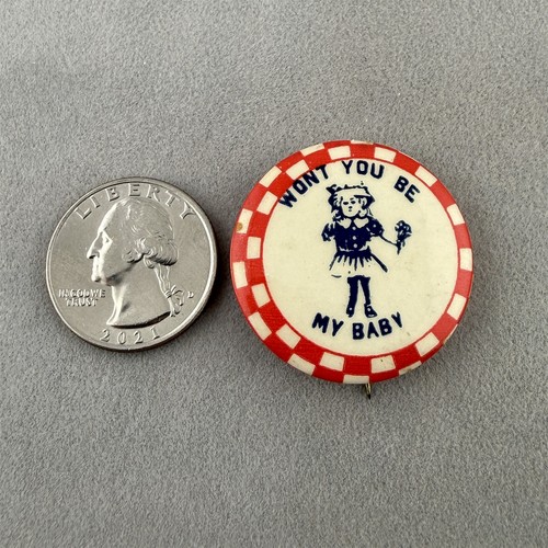 Vtg 1920s Won't You Be My Baby Risque Checkerboard 1.25" Pinback Button #61535