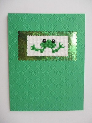 Handmade Greeting Card Cross Stitch Completed Finished Froggy
