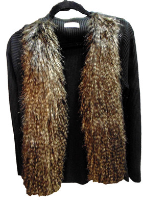 Calvin Klein Black Silver Fox Faux Fur Trim Open Front Sweater Cardigan M Petite