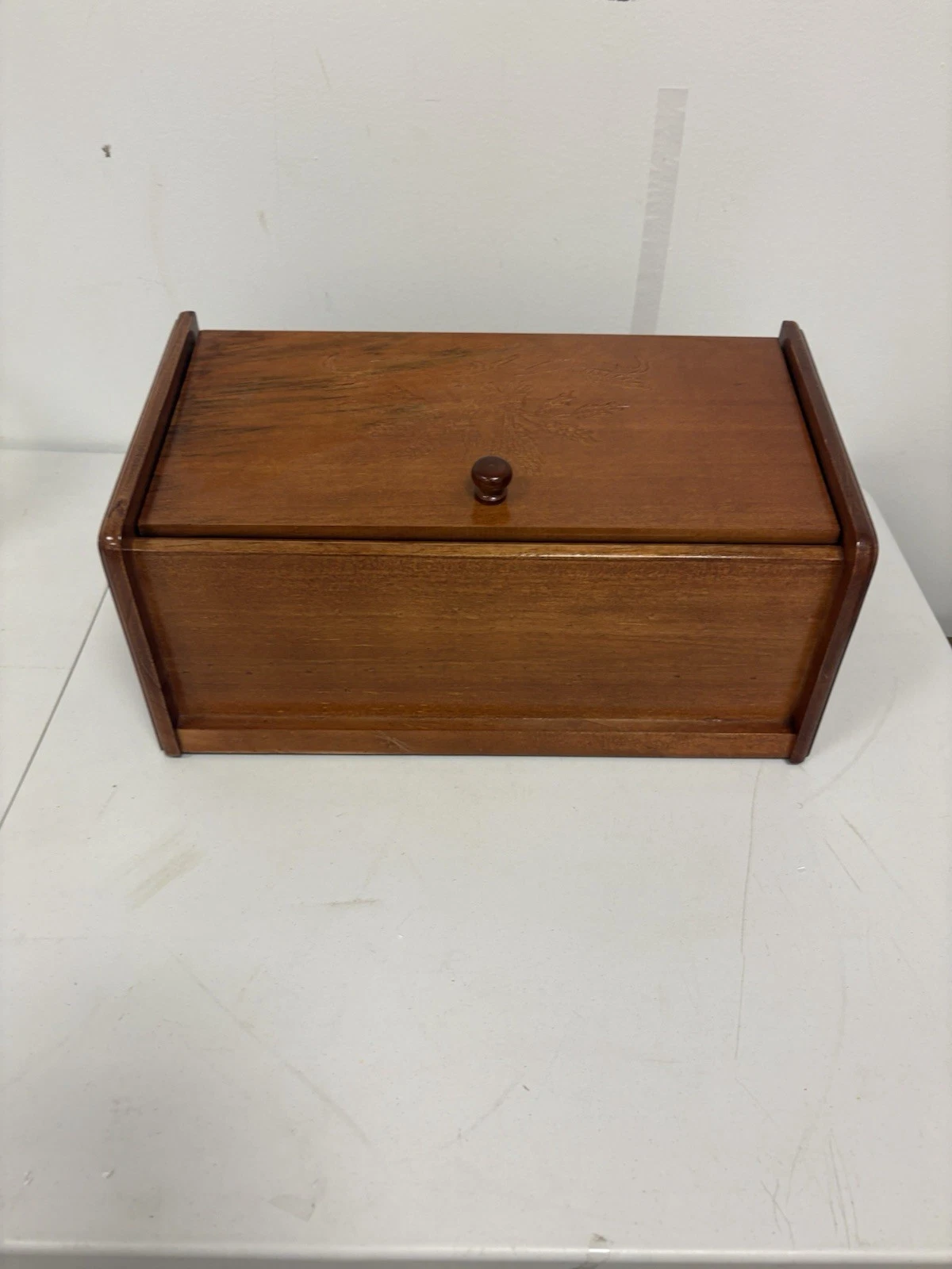 Vintage Wooden Bread Box Inlayed Wheat Design w/Glass Canisters & Lids