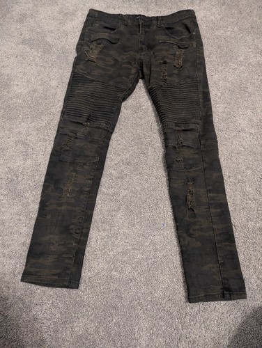 Waimea Jeans Green Camo Moto Mens 34x31 Skinny Fit Stretch Hip Hop Distressed - Picture 1 of 13