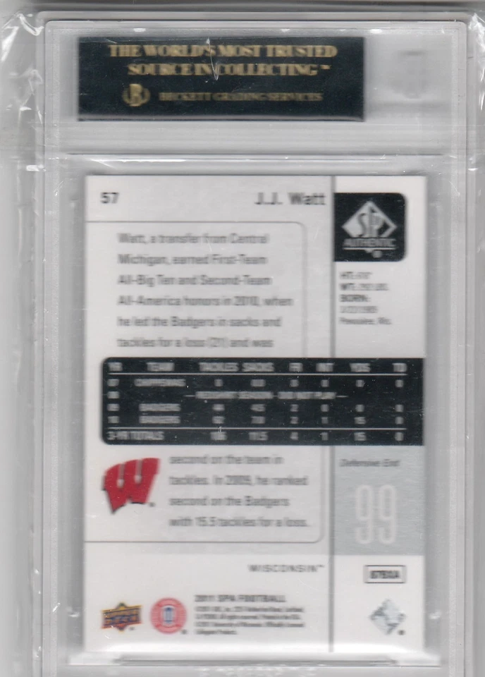 SP J.J Watt RC #242 2008 novato 1996 raro SP BGS 10 etiqueta negra impecable Foto 2 de 2