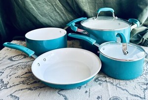 Rare GUY FIERI Ceramic Nonstick Aluminum 6-piece Cookware Set TEAL BLUE