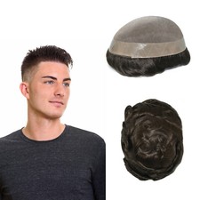 Mens Human Hair Replacement System Durable Fine Mono PU Skin Hairpiece Toupees
