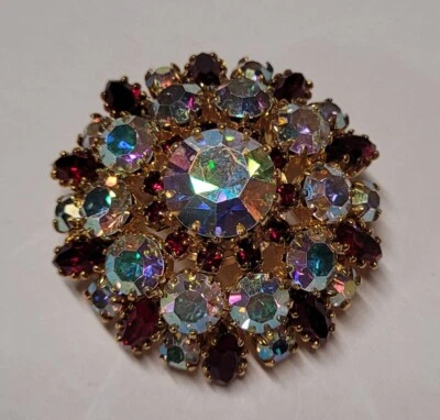 BROCHE BIJOU VINTAGE CRISTAL GRENAT BLANC IRISÉ METAL DORÉ # K26 - Photo 1/4