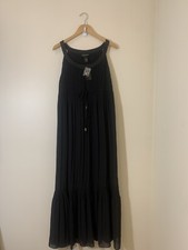 Lane Bryant Dress Womens 14 Black Maxi Pleated Satin Neckline Beaded Tie