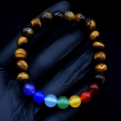 Dazzling Tiger Eye & Seven Chakra 93 Cts Stretchable Bracelet Beaded VK 01 E605