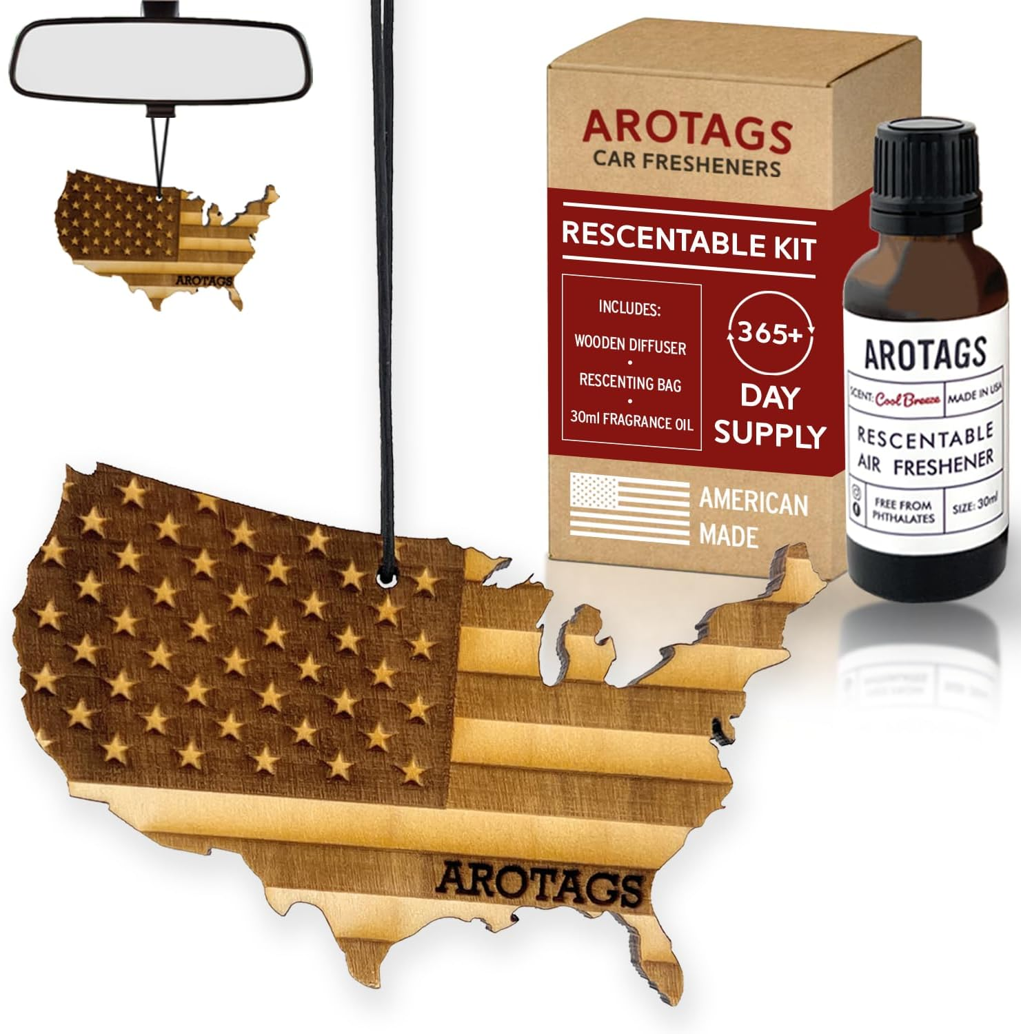 Car Air Freshener, Reusable Hanging Wood Diffuser (USA Flag) & Fragrance Oil Ref