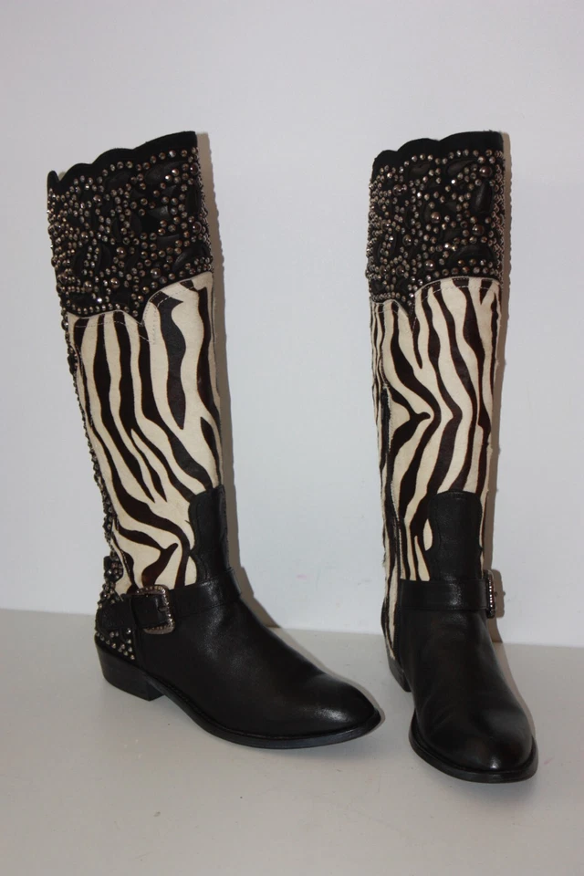 BEVERLY FELDMAN Bottes Cuir Fourrure Rase Zebrée Strass T 38 TBE - Photo 3/4