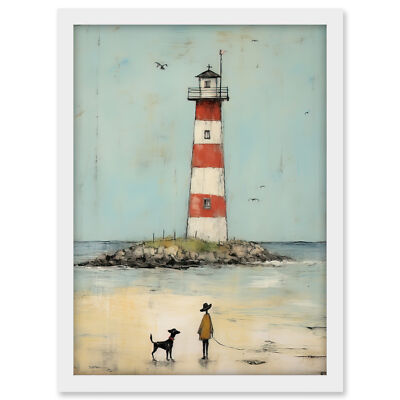 Lighthouse Painting Bathroom Artwork Boy and Pet Dog Beach Framed Art Print A3