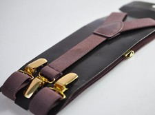 Brown Coffee Elastic Suspenders Braces Gold Golden Metal Clips Men Boys Kids