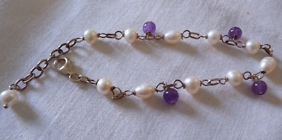 Cultured Pearl, Amethyst Bead,925 Silver Link Style Bracelet with Lobster Clasp
