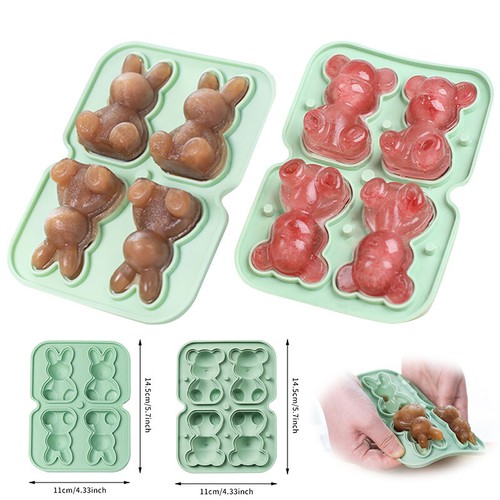 4 Holes Ice Cube Silicone Mold Rabbit,Bear Ice Cube Maker Tray Whiskey Cocktails
