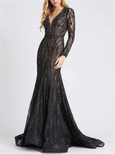 Black Sexy Mermaid Evening Dresses Beaded Long Sleeves Wedding Party Gown