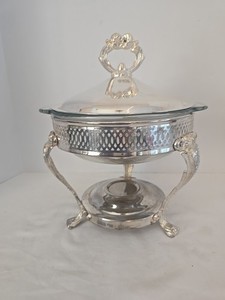 Vtg Leonard Silver-Plated Round Chafing Dish with Glass Insert, Lid, Handles 11"