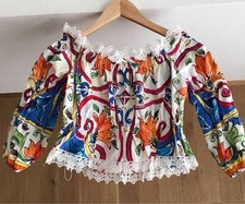 DOLCE & GABBANA Majolica Print Off Shoulder Blouse Lace Trim Italy Size 36 Japan