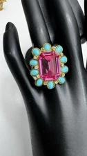 Kenneth Jay Lane Statement Ring Pink Emerald Cut Crystal Turquoise Cabochons