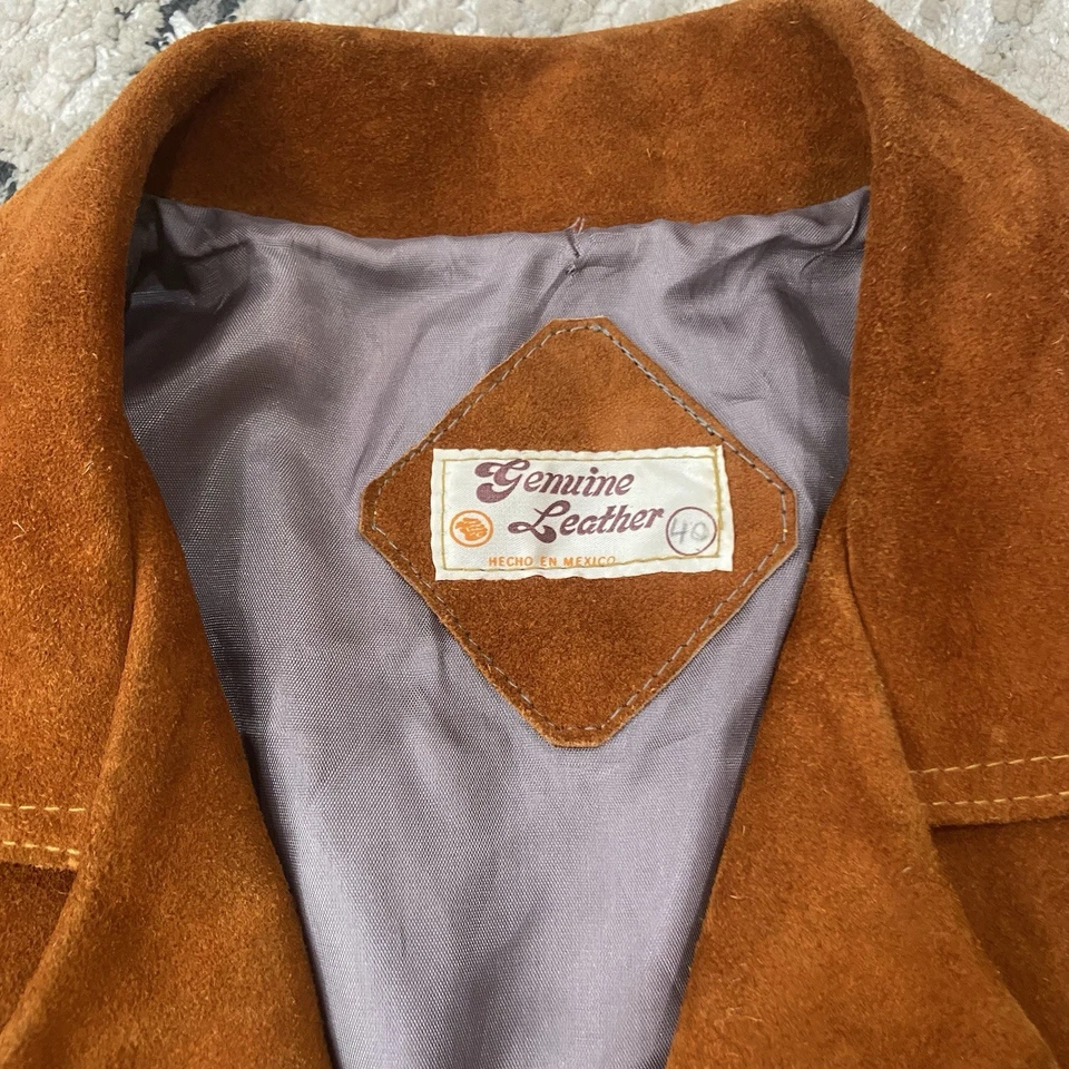 Chaqueta Vaquera Vintage Años 70 Cuero Genuino Flecos Gamuza Marrón Óxido Occidental Talla 40 Foto 2 de 4