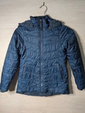 The North Face Girls Puffer Jacket Blue Fur Trim Hooded RIPPED Coat Sz 7/8 READ