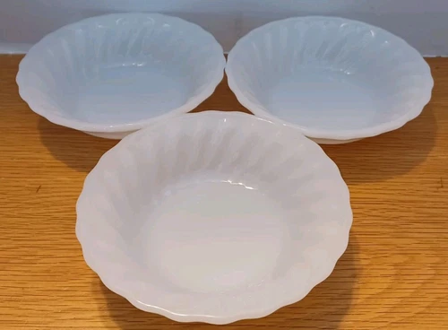 Vintage Lot of 3 Anchor Hocking White Milk Glass Swirl Bowl 5"