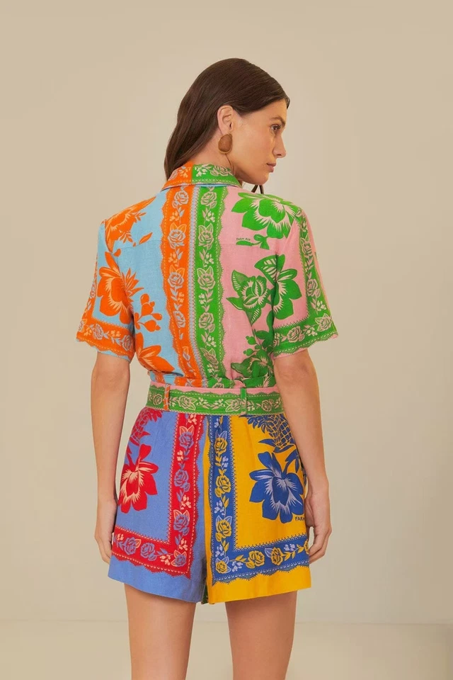 NWT Farm Rio Lace Garden Belted Romper Size M 100% Linen Blend Multicolor - Image 2 of 4