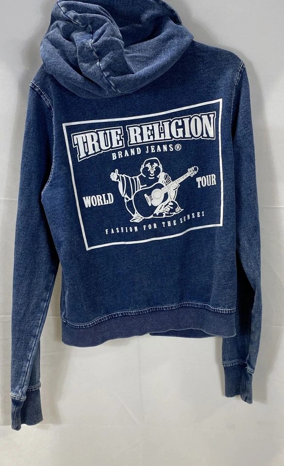 Sudadera con Capucha True Religion Azul Gira Mundial Gráfico Jean Look Cremallera Completa Para Mujer Talla S Foto 2 de 4
