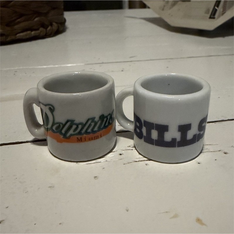 Miami Dolphins & Buffalo Bills Mini Ceramic Mini Mugs Set 2pc 1 oz NFL Logo