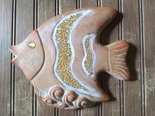 Vintage Terracotta Fish Wall Hanging Plaque Art Nautical Beach Home Decor